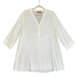 Chicos Womens Tunic‎ Size Medium White Pom Pom Trim Lightweight Airy Lagenlook